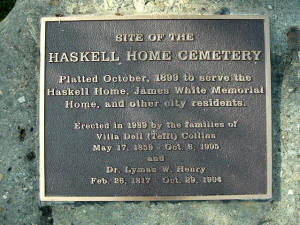 Close up of plaque for Haskell Home Cemetery