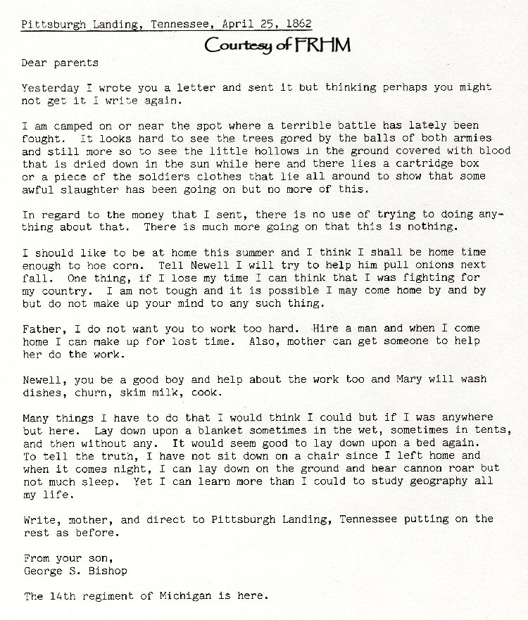 George S. Bishop - letters home while in Civil War