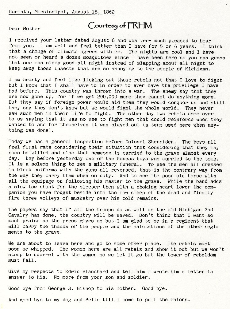 George S. Bishop - letters home while in Civil War
