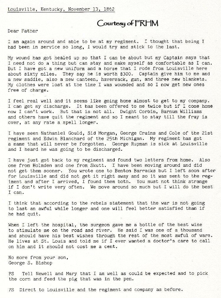 George S. Bishop - letters home while in Civil War