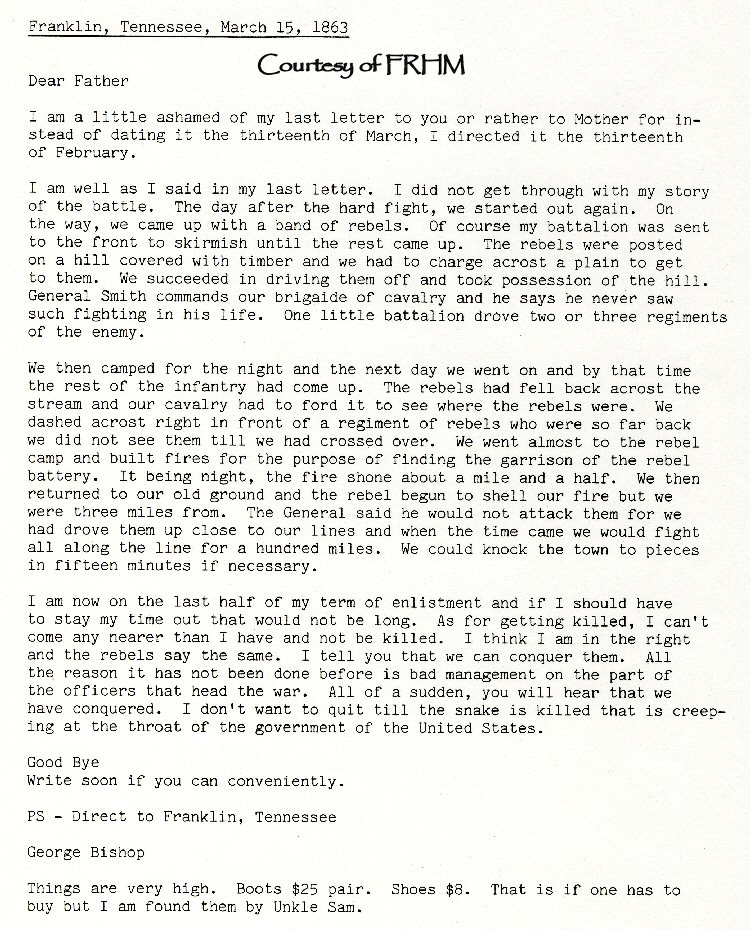 George S. Bishop - letters home while in Civil War