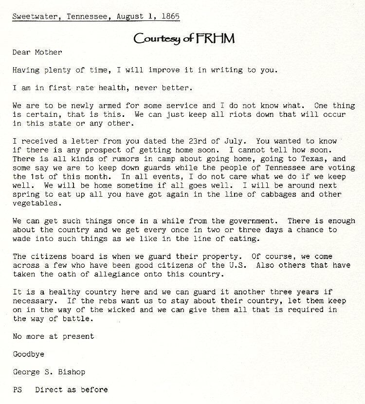 George S. Bishop - letters home while in Civil War