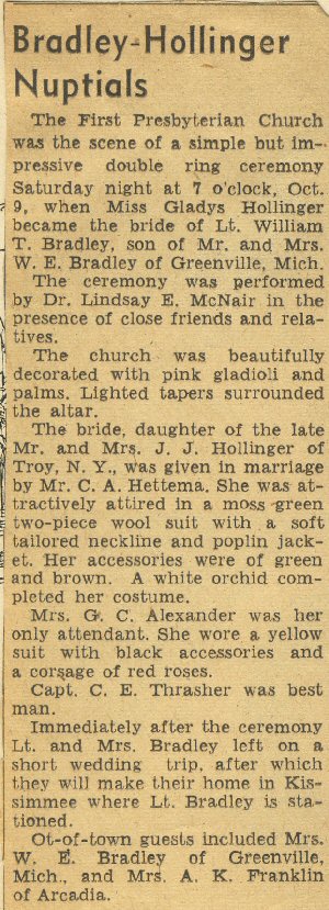 Gladys Hollinger weds Wm. T. Bradley