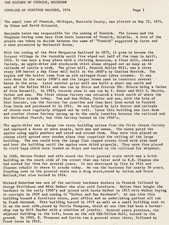 The History of Fenwick, Michigan