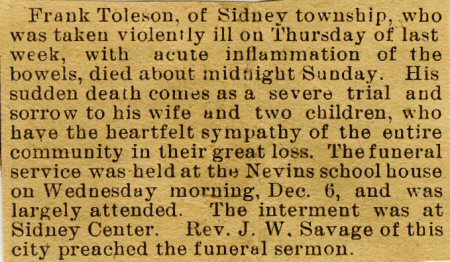 Frank Toleson, Sr. - Died 1899