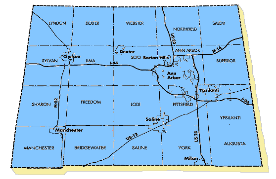 a map of Washtenaw County with all of the townships